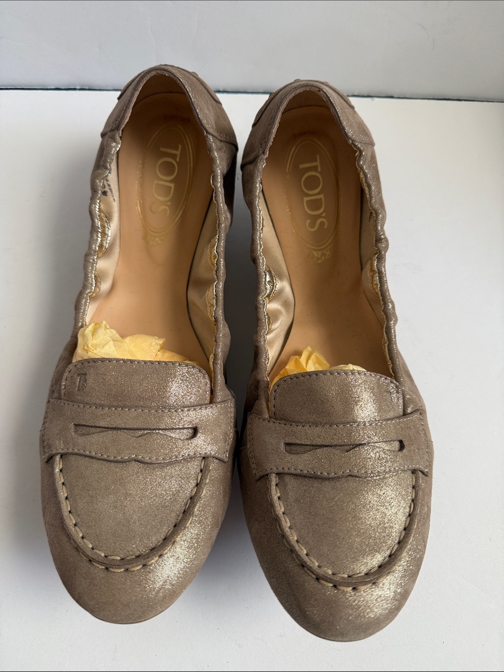Tod's Metallic Gold Leather Penny Loafer-Style Ballet Flats w/Rubber Driver Sole